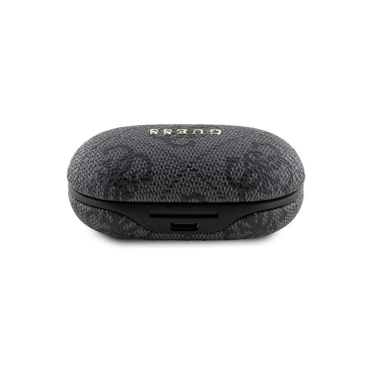 Guess Auriculares TWS Inalámbricos – Auriculares de Polipiel Negros con Cancelación de Ruido ENC y Logo 4G Metalizado, Conexión Bluetooth Estable y Estuche de Carga