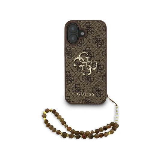 GUESS Funda para iPhone 16 – Carcasa de Polipiel Marrón con Logo 4G Clásico y Correa de Perlas, Diseño Elegante y Ajuste Preciso