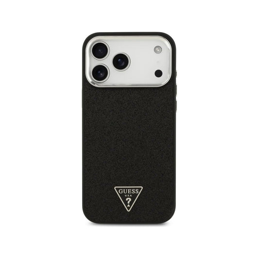 Guess Funda para iPhone 17 Pro – Carcasa de Polipiel con Purpurina Negra Compatible con MagSafe, Protección Anticaídas y Ajuste Preciso