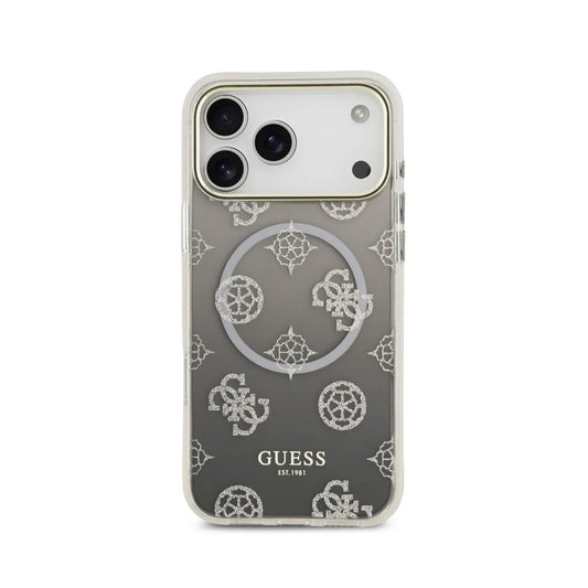 GUESS Funda Peonía para iPhone 17 Pro Max Compatible con MagSafe y Protección Anticaídas, Negra con Brillos