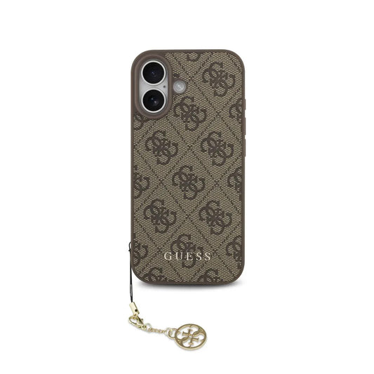 Guess Funda para iPhone 17 – Carcasa con Efecto Piel Marrón, Logotipo 4G y Charm Dorado, Protección Anticaídas y Ajuste Preciso