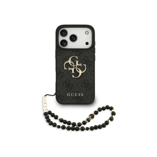 Guess Funda para iPhone 17 Pro – Carcasa de Polipiel Negra con Logo 4G Clásico y Correa de Perlas, Protección Anticaídas y Ajuste Preciso