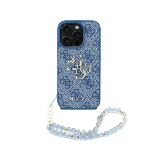 GUESS Funda Logo 4G para iPhone 16 Pro Max con Correa de Perlas y Protección Anticaídas, Azul