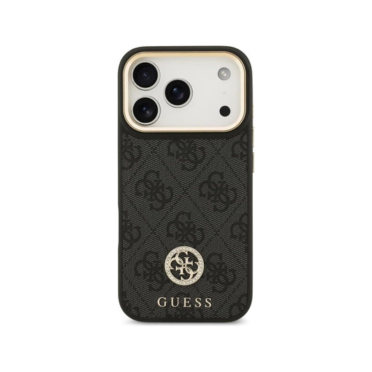 Guess Funda para iPhone 17 Pro – Carcasa de Polipiel Negra Compatible con MagSafe con Logo 4G de Strass, Protección Anticaídas y Ajuste Preciso