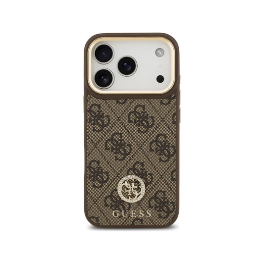 Guess Funda para iPhone 17 Pro – Carcasa de Polipiel Marrón Compatible con MagSafe con Logo 4G de Strass, Protección Anticaídas y Ajuste Preciso