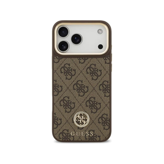 Guess Funda para iPhone 17 Pro Max – Carcasa de Polipiel Marrón Compatible con MagSafe con Logo 4G de Strass, Protección Anticaídas y Ajuste Preciso