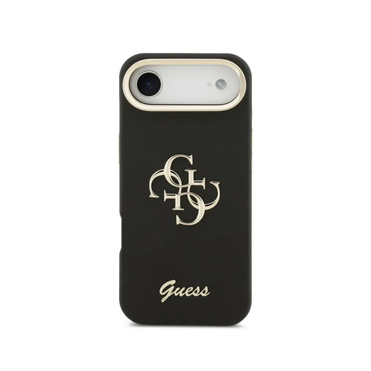 GUESS Funda para iPhone Air – Carcasa Efecto Granulado Negra con Logo y Soporte, Diseño Funcional y Ajuste Preciso