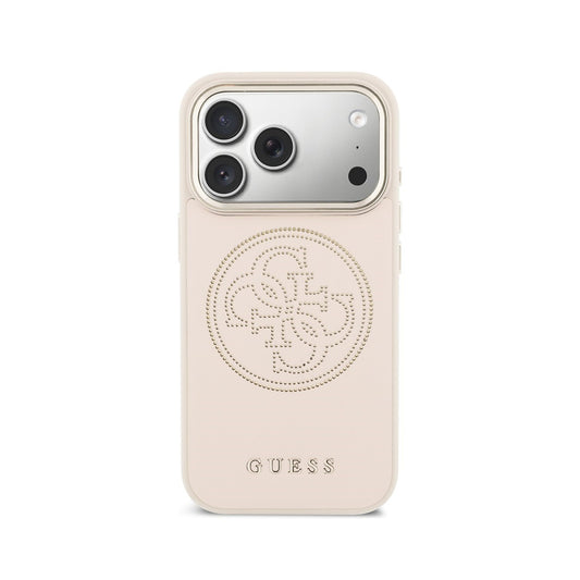 GUESS Funda Efecto Piel Logo Perforado para iPhone 17 Pro Compatible con MagSafe y Protección Anticaídas, Rosa
