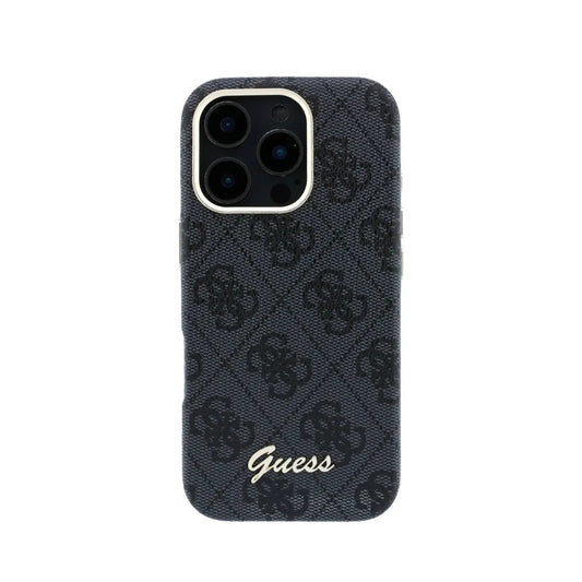 GUESS Funda de Polipiel Logo en Relieve para iPhone 16 Pro Max Compatible con MagSafe y Protección Anticaídas, Negra