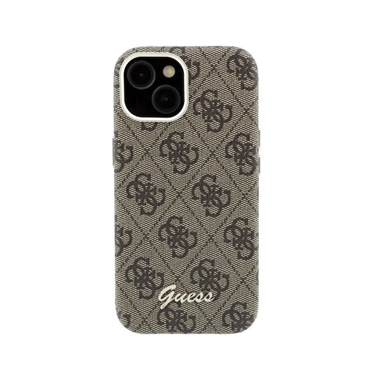 GUESS Funda de Polipiel Logo en Relieve para iPhone 15 Compatible con MagSafe y Protección Anticaídas, Marrón