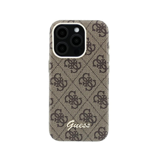 GUESS Funda de Polipiel Logo en Relieve para iPhone 15 Pro Compatible con MagSafe y Protección Anticaídas, Marrón