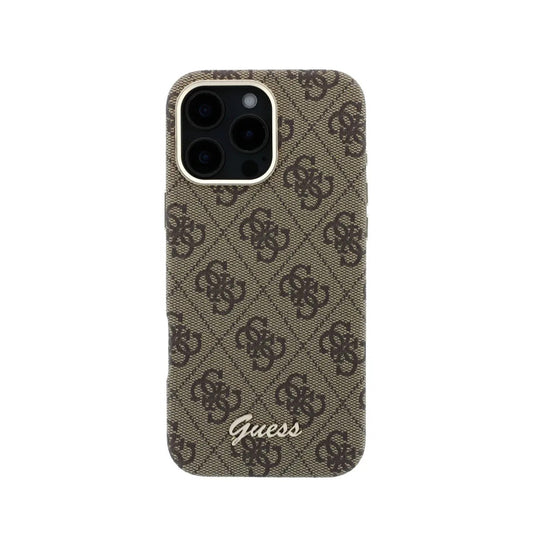 GUESS Funda de Polipiel Logo en Relieve para iPhone 16 Pro Compatible con MagSafe y Protección Anticaídas, Marrón