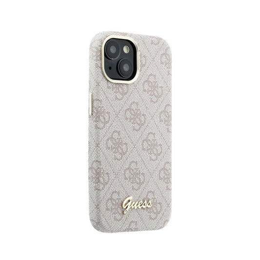 GUESS Funda de Polipiel Logo en Relieve para iPhone 15 Compatible con MagSafe y Protección Anticaídas, Rosa