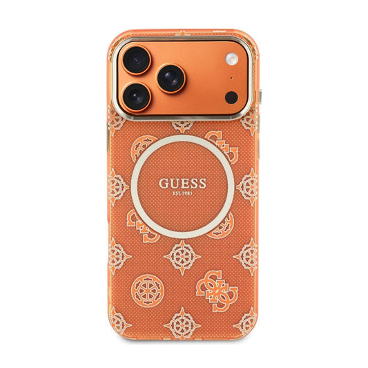 Guess Funda para iPhone 17 Pro Max – Carcasa Rígida Naranja con Diseño Multilogo Guess, Protección Anticaídas y Ajuste Preciso