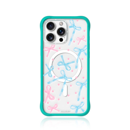YOUNGKIT Funda CHD Sweetheart Wavy para iPhone 16 Pro Max Compatible con MagSafe, Marco de Silicona y Trasera Removible, Lazo, Azul Glacier