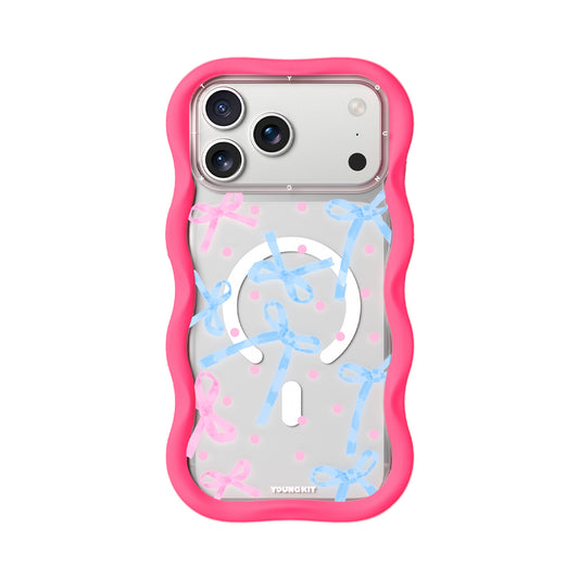 YOUNGKIT Funda CHD Sweetheart Wavy para iPhone 17 Pro Max Compatible con MagSafe, Marco de Silicona y Trasera Removible, Lazo, Rosa Neón