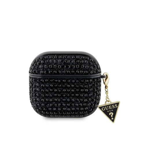 Guess Funda para AirPods 4 – Carcasa Negra con Piedras Brillantes y Charm, Protección Segura y Ajuste Preciso