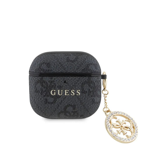 Guess Funda para AirPods 4 – Carcasa de Polipiel Negra con Logo 4G y Charm con Piedras Brillantes, Protección Segura y Ajuste Preciso