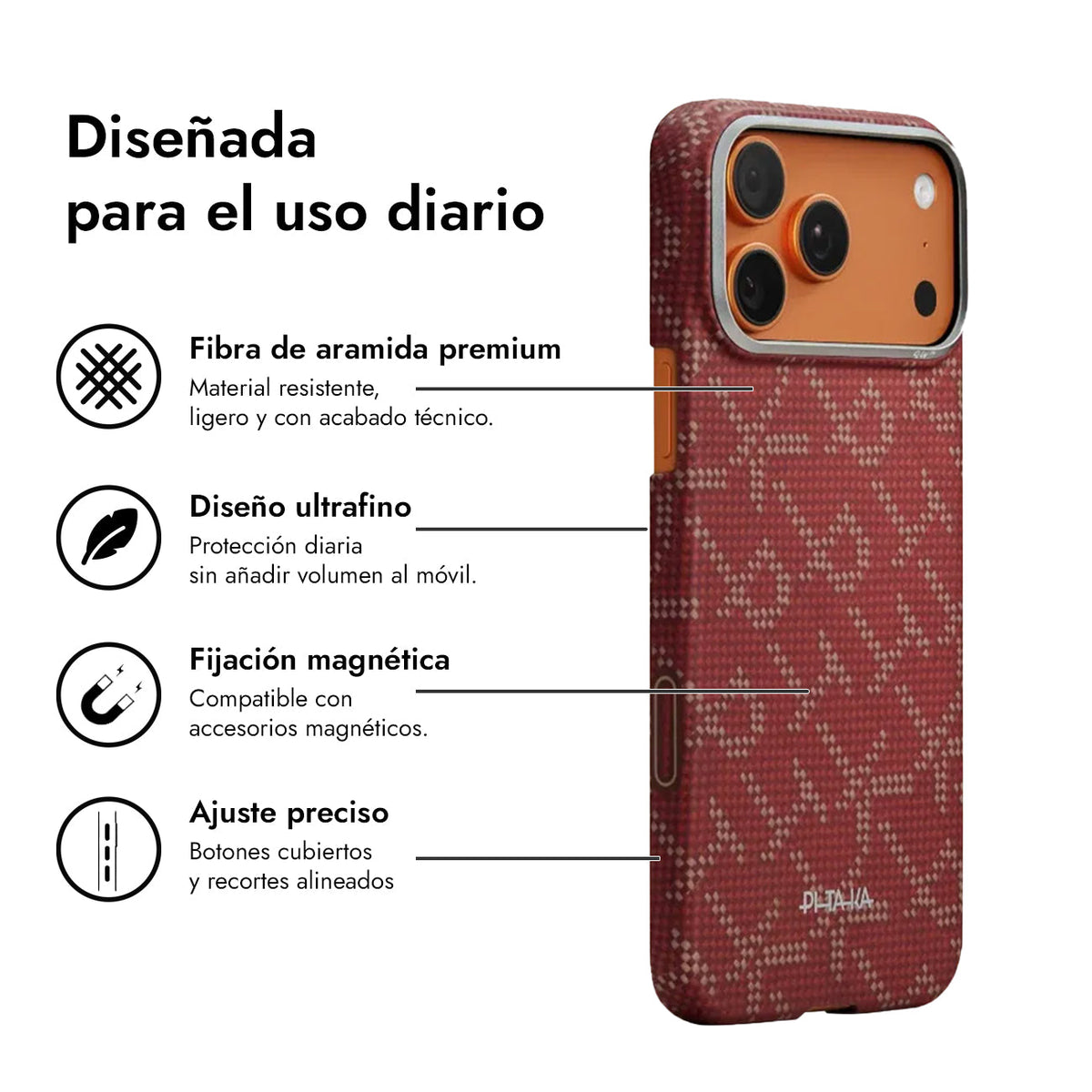 PITAKA Funda Ultra Fina de Fibra de Aramida para iPhone 17 Pro Max/18 Pro Max Compatible con MagSafe, Monogram Dorado/Rojo