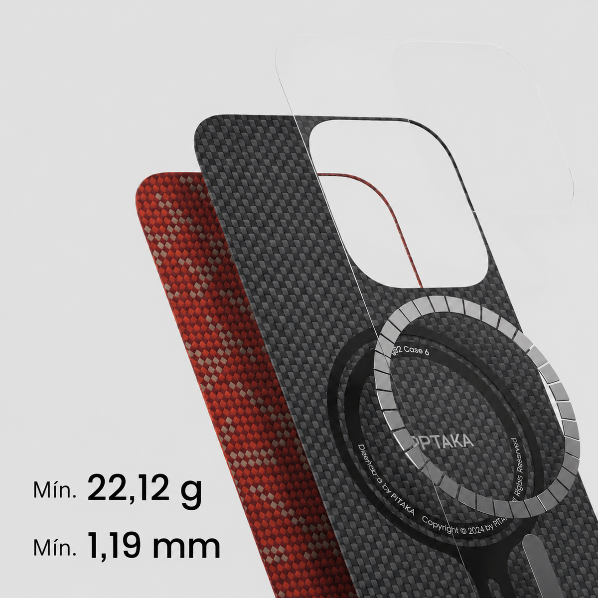 PITAKA Funda Ultra Fina de Fibra de Aramida para iPhone 17 Pro Max/18 Pro Max Compatible con MagSafe, Monogram Dorado/Rojo