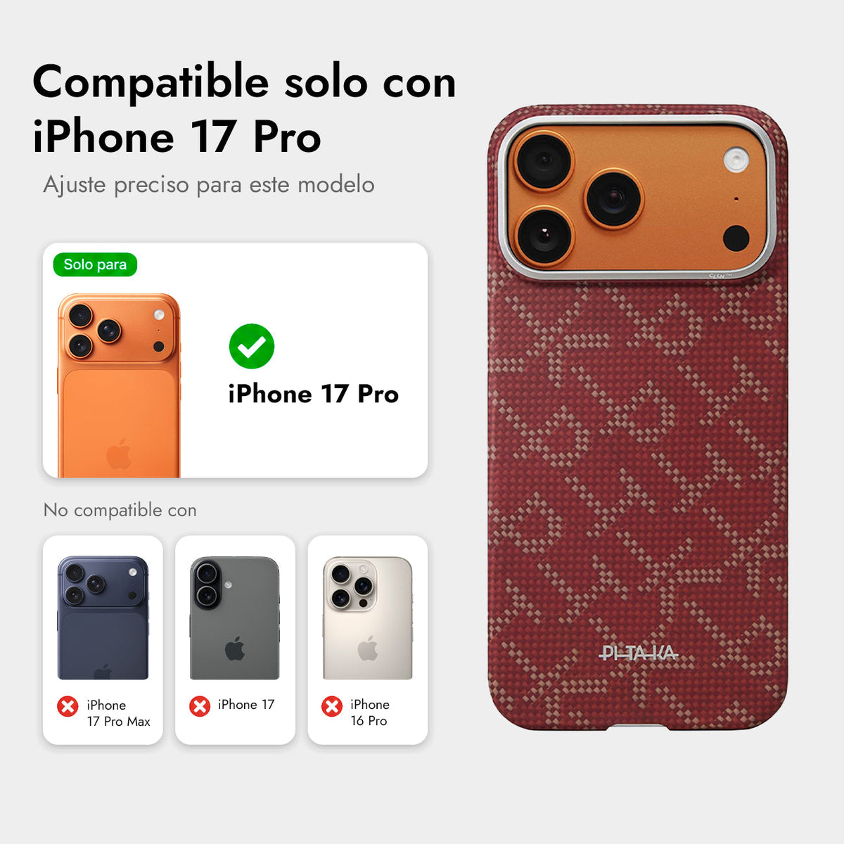 PITAKA Funda Ultra Fina de Fibra de Aramida para iPhone 17 Pro/18 Pro Compatible con MagSafe, Monogram Dorado/Rojo
