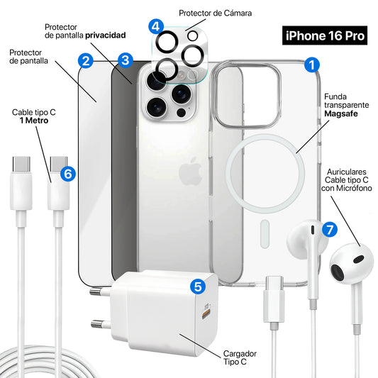 APOKIN Pack 7 en 1 para iPhone 16 Pro: Funda Magnética + Kit Completo de Accesorios