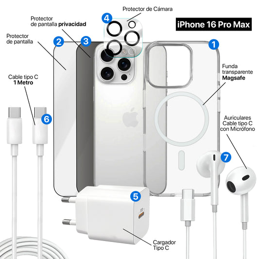APOKIN Pack 7 en 1 para iPhone 16 Pro Max: Funda Magnética + Kit Completo de Accesorios