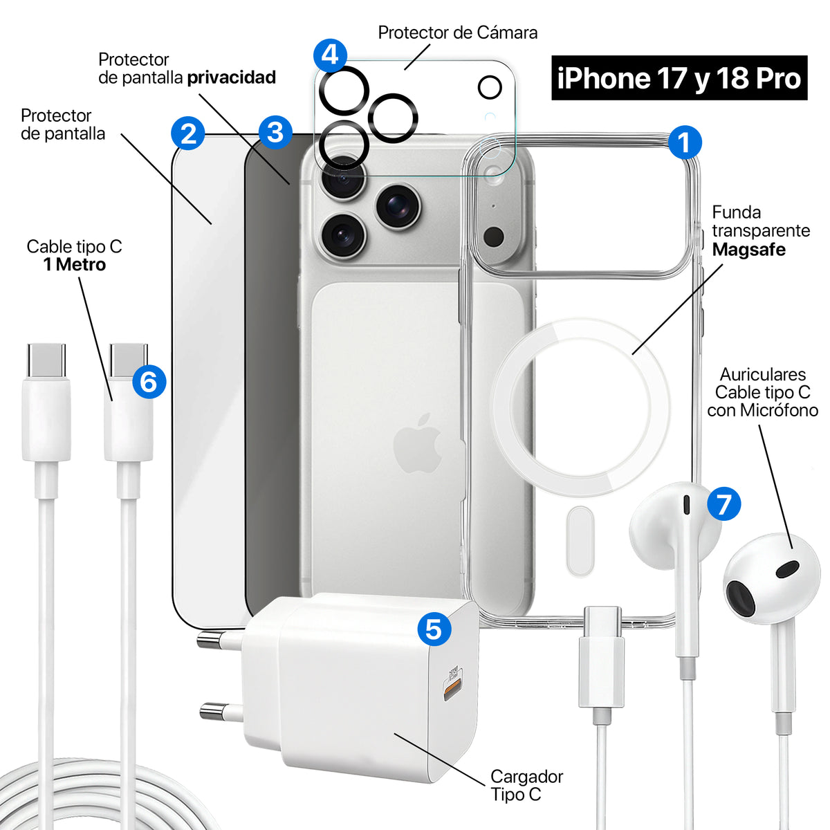 APOKIN Pack 7 en 1 para iPhone 17 Pro / 18 Pro: Funda Magnética + Kit Completo de Accesorios