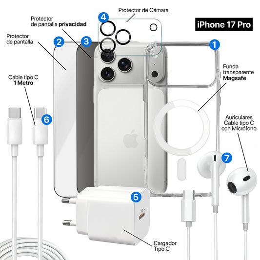 APOKIN Pack 7 en 1 para iPhone 17 Pro: Funda Magnética + Kit Completo de Accesorios