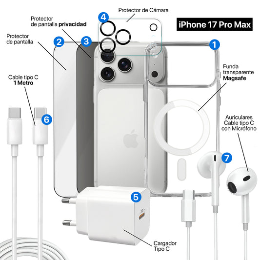 APOKIN Pack 7 en 1 para iPhone 17 Pro Max: Funda Magnética + Kit Completo de Accesorios
