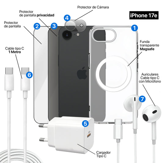 APOKIN Pack 7 en 1 para iPhone 17e: Funda Magnética + Kit Completo de Accesorios