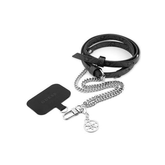 GUESS Correa Cruzada de PU con Estampado 4G, Cadena y Charm, Negro/Plata