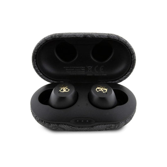 Guess Auriculares TWS Inalámbricos – Auriculares de Polipiel Negros con Cancelación de Ruido ENC y Logo 4G Metalizado, Conexión Bluetooth Estable y Estuche de Carga