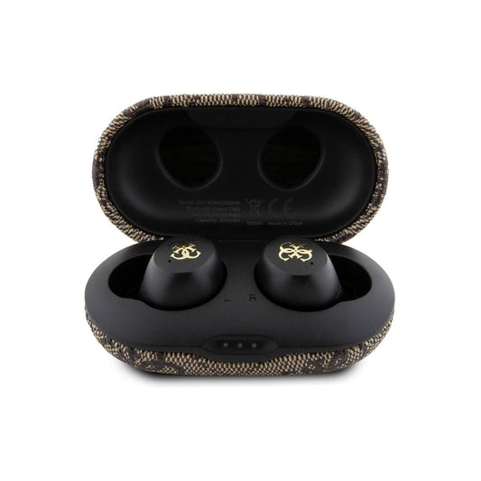 Guess Auriculares TWS Inalámbricos – Auriculares de Polipiel Marrón con Cancelación de Ruido ENC y Logo 4G Metalizado, Conexión Bluetooth Estable y Estuche de Carga