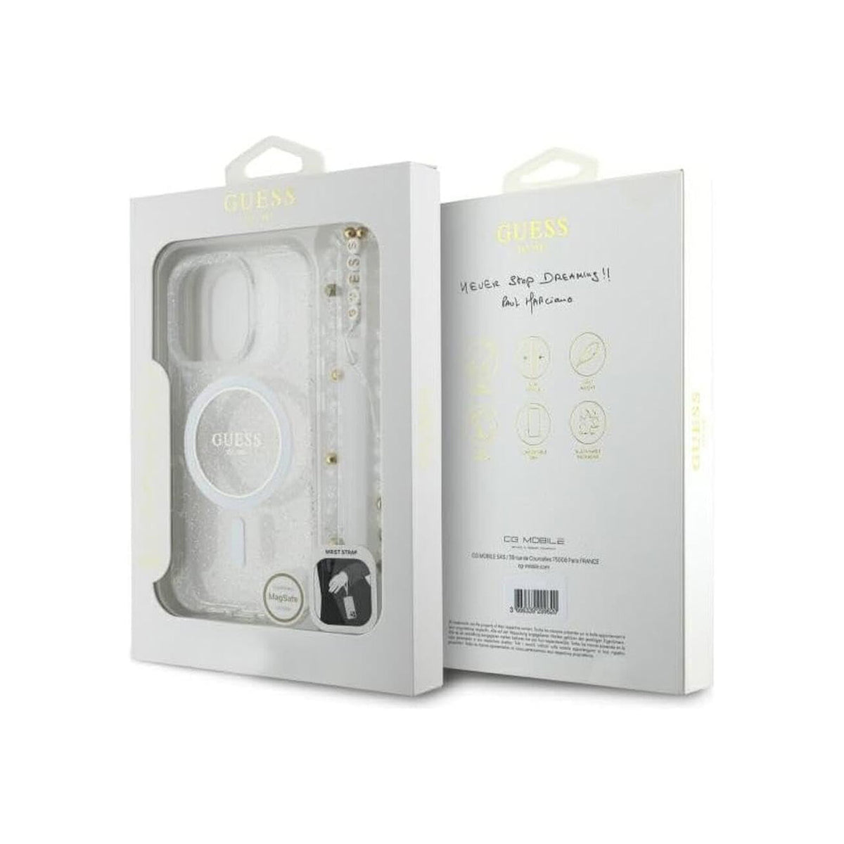Guess Funda Brillante para iPhone 16 Pro Max con Correa de Perlas, Compatible con MagSafe y Protección Anticaídas, Transparente