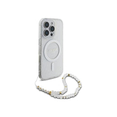 Guess Funda para iPhone 16 Pro Max – Carcasa Transparente Compatible con MagSafe con Brillo y Correa de Perlas, Protección Anticaídas y Ajuste Preciso