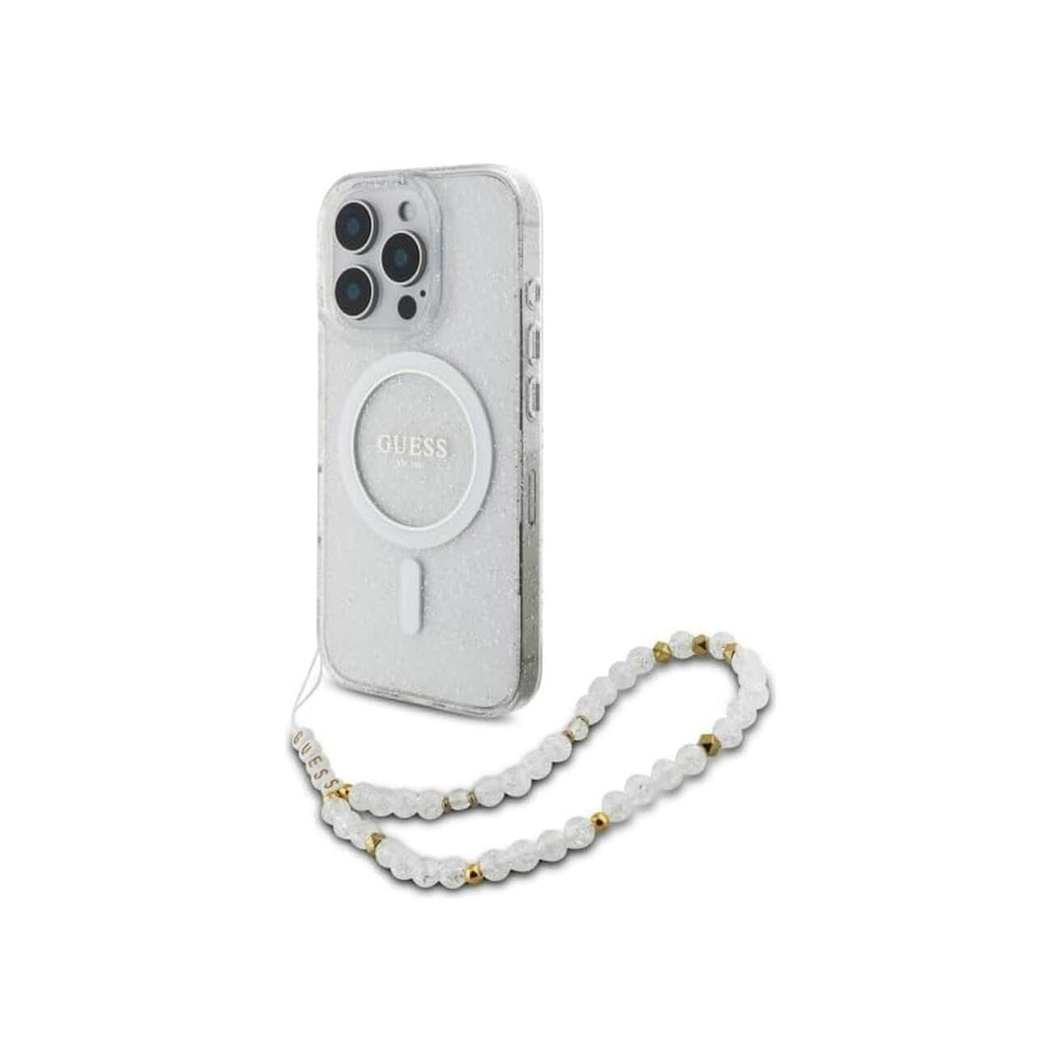 Guess Funda Brillante para iPhone 16 Pro Max con Correa de Perlas, Compatible con MagSafe y Protección Anticaídas, Transparente