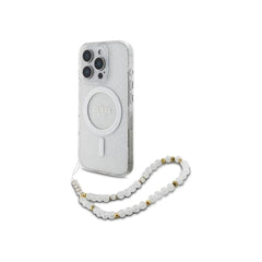 Guess Funda para iPhone 16 Pro Max – Carcasa Transparente Compatible con MagSafe con Brillo y Correa de Perlas, Protección Anticaídas y Ajuste Preciso