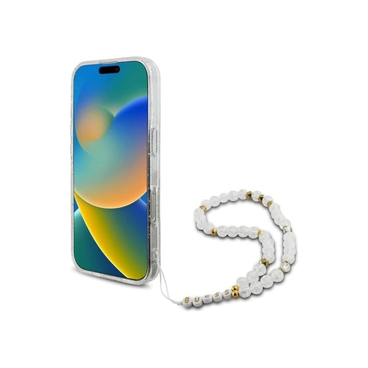 Guess Funda Brillante para iPhone 16 Pro Max con Correa de Perlas, Compatible con MagSafe y Protección Anticaídas, Transparente