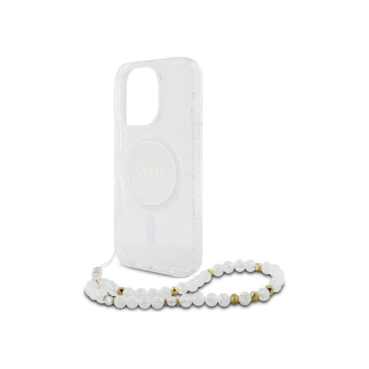 Guess Funda Brillante para iPhone 16 Pro Max con Correa de Perlas, Compatible con MagSafe y Protección Anticaídas, Transparente