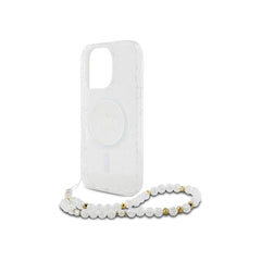 Guess Funda para iPhone 16 Pro Max – Carcasa Transparente Compatible con MagSafe con Brillo y Correa de Perlas, Protección Anticaídas y Ajuste Preciso