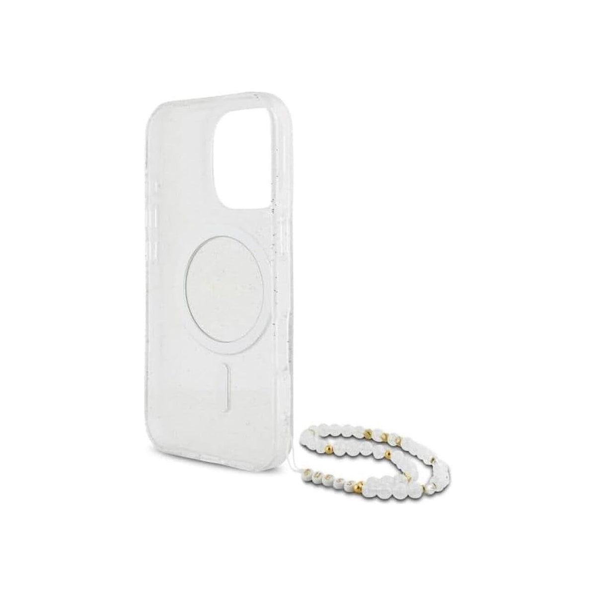 Guess Funda Brillante para iPhone 16 Pro Max con Correa de Perlas, Compatible con MagSafe y Protección Anticaídas, Transparente