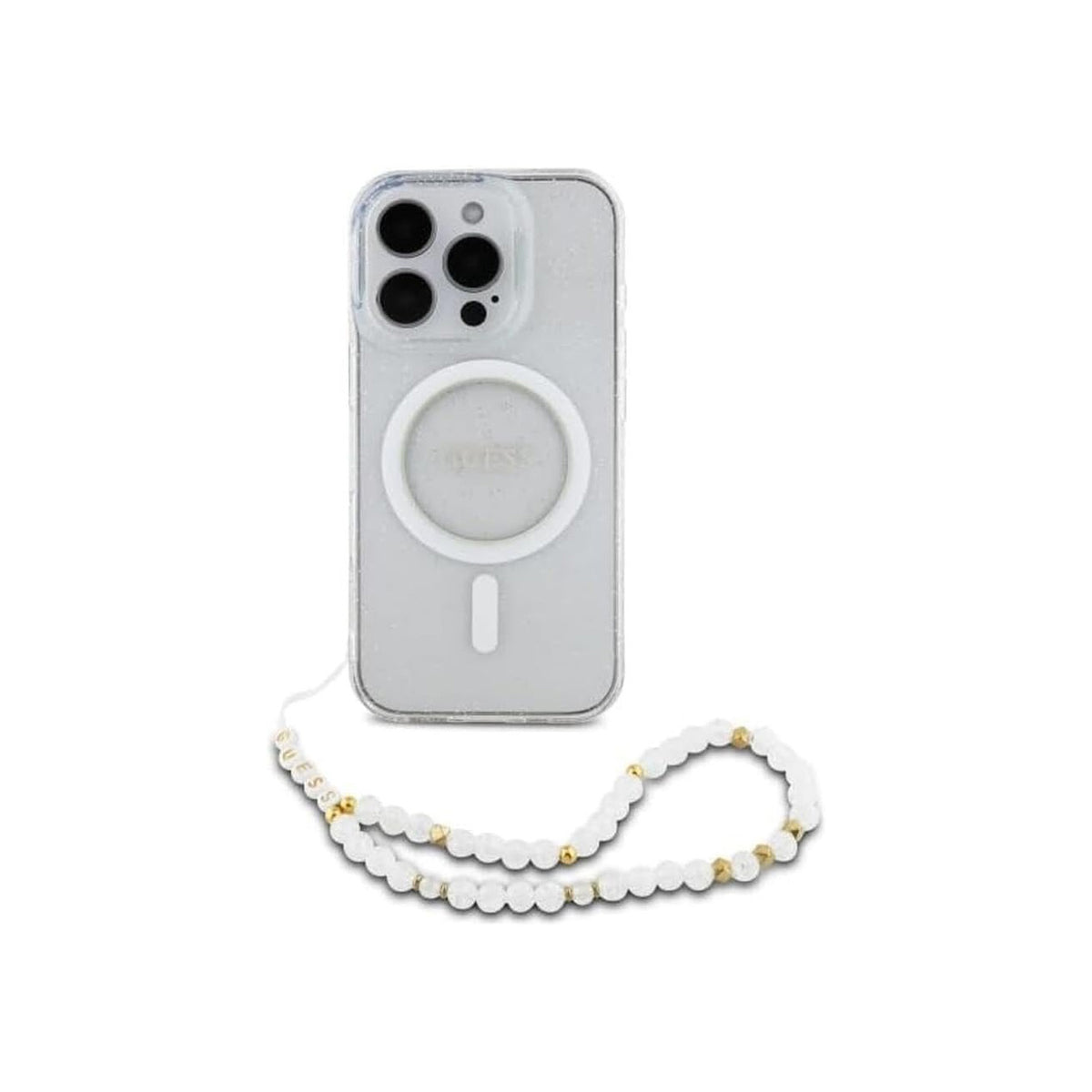 Guess Funda Brillante para iPhone 16 Pro Max con Correa de Perlas, Compatible con MagSafe y Protección Anticaídas, Transparente