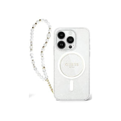 Guess Funda para iPhone 16 Pro Max – Carcasa Transparente Compatible con MagSafe con Brillo y Correa de Perlas, Protección Anticaídas y Ajuste Preciso