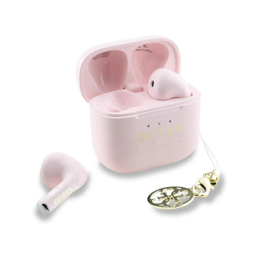 Guess TWS Wireless Headphones - Pink Headphones with Classic Shiny Logo and Hanging Charm, Stable Bluetooth Connection and Charging Case
