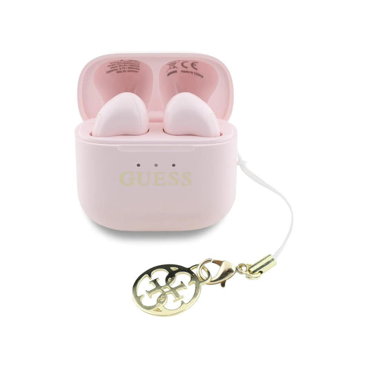 Guess TWS Wireless Headphones - Pink Headphones with Classic Shiny Logo and Hanging Charm, Stable Bluetooth Connection and Charging Case