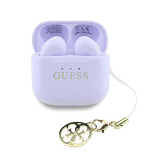 Guess Auriculares TWS Inalámbricos – Auriculares Lila con Logo Clásico Brillante y Charm Colgante, Conexión Bluetooth Estable y Estuche de Carga