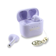 Guess Auriculares TWS Inalámbricos – Auriculares Lila con Logo Clásico Brillante y Charm Colgante, Conexión Bluetooth Estable y Estuche de Carga