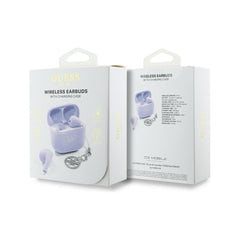 Guess Auriculares TWS Inalámbricos – Auriculares Lila con Logo Clásico Brillante y Charm Colgante, Conexión Bluetooth Estable y Estuche de Carga