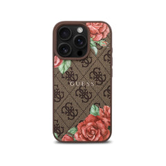 Guess Funda de Polipiel 4G Rosas para iPhone 16 Pro Max Compatible con MagSafe y Protección Anticaídas, Marrón